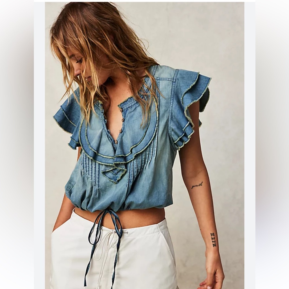 Free People Light Blue Denim Ruffle Tie-Hem Blouse